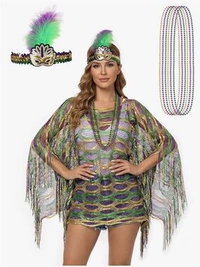 8Pcs Mardi Gras Beads Necklace set in green, purple, and gold metallic colors